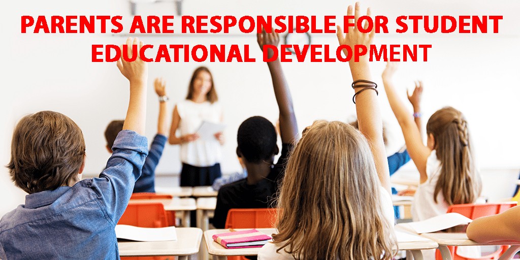 Classroom with children raised hand, stating Parents are responsible for student educational development.